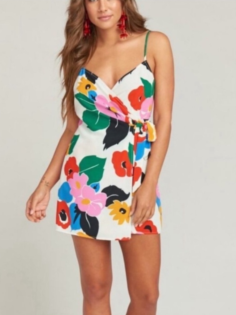 Show Me Your MuMu White Floral Wrap Mini Dress with Pink, Red, Blue and Green